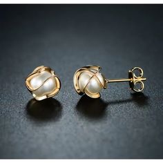 Safe For All Skin Types: All Of Our Products Are Hypoallergenic And Nickel Free, Making Them Perfect For Those With Sensitive Skin Makes An Elegant Addition To Your Accessory Collection Delivered With You In Mind To Make Sure You And Your Loved Ones Are Always Looking Fashionable Designer Pair Of Freshwater Pearl 6mm Stud Earrings Made With Sleek 18k Yellow Gold Plated Brass Wavy Caged Design Push Back Closures Caged Pearl Stud Earring Made With 18k Yellow Gold Overlay Cage Earrings, Knot Stud Earrings, Knot Studs, Womens Earrings Studs, Yellow Gold Earring, Flower Earrings Studs, Flower Studs, Pearl Stud Earrings, Gold Plated Earrings