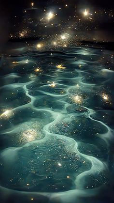 an image of some water with stars in the sky and on top of it, as if they were floating