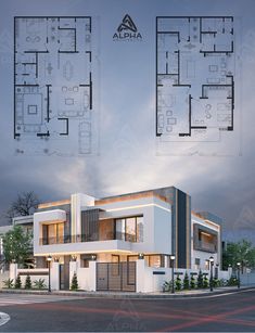 the front and back view of a modern house with floor plans on each side, along with three levels