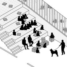 black and white illustration of people sitting at tables in an open air space with stairs leading up to the second floor