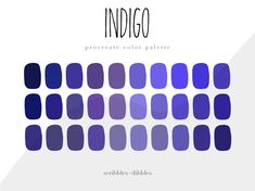 the indigo color palette is shown in shades of blue, purple and white with text that reads indigo