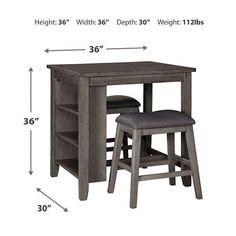 the table and stools are shown with measurements for each piece in this set, including height