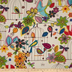 a birdcage with colorful flowers and birds on it is shown in this image