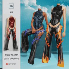 an image of two women in leather outfits with flames on their body and legs, both wearing leggings