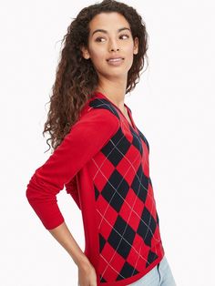 TOMMY HILFIGER ESSENTIAL ARGYLE V-NECK SWEATER  LARGE Tommy Design, Tommy Sweater, Preppy Tops, Preppy Sweater, Tommy Hilfiger Sweatshirt, Blue Knit Sweater, Tommy Hilfiger Sweater, Argyle Sweater, Pullover Sweater Women