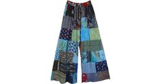 Wide Leg Hippie Patchwork Trousers in Blue in Clothing - This fresh style for summer is chic, boho, unrestricted and so enviro-friendly with its recycled patchwork design. Features: Split-Skirts-Pants, Patchwork, Floral, Printed, Bohemian, Handmade. Recycled Patchwork, Patchwork Trousers, Patchwork Pants, Hippie Pants, Hippie Look, Scarf Shirt, Bohemian Handmade, Trendy Skirts, Split Skirt