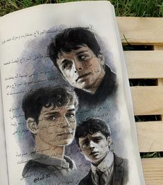 an open book with drawings of two young men on the pages and in arabic writing