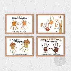 four handprints with the words happy thanksgiving written in orange and brown on them