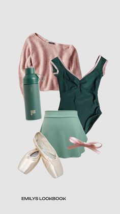 a woman's outfit with ballet shoes and a water bottle on the bottom, next to it