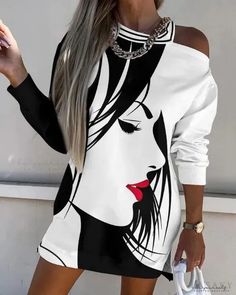 Lasaky - Figure Print Off Shoulder Long Sleeve Dress Black And White Fashion Outfits, White Fashion Outfits, Black White Print Dress, Black And White Outfits, Black And White Fashion, White Print Dress, Cold Shoulder Long Sleeve, Long Sleeve Print Dress, Black Long Sleeve Dress