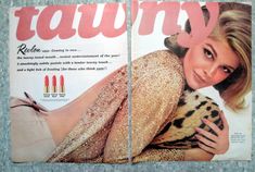 an old magazine ad featuring a woman holding a leopard in her arms and the caption reads, dawn