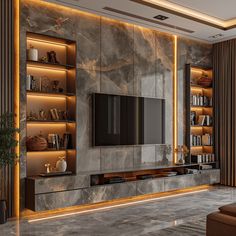 a modern living room with marble walls and built - in entertainment center, lighted by recessed lighting