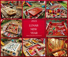 a collage of photos with various items in them and the words lunar new year