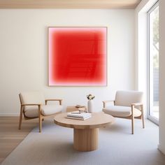 a living room with two chairs and a coffee table in front of a large painting