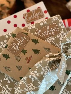 wrapping paper wrapped in brown and white with christmas designs on it, tied together by a ribbon