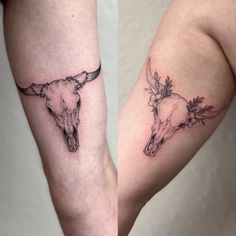 two tattoos on the legs of people with long horns and flowers in their hair are shown