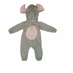 a baby's jumpsuit with an animal design on the front and back, in grey