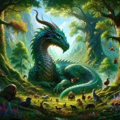 a painting of a green dragon sitting in the middle of a forest filled with animals