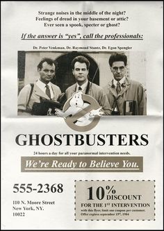 an advertisement for ghostbusters with two men in suits and ties on the front