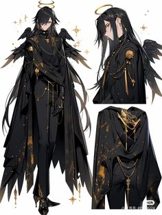 an anime character with black hair and gold accents