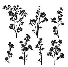 black silhouettes of flowers and leaves on a white background