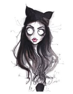 a drawing of a cat girl with long hair and big eyes wearing a black hat