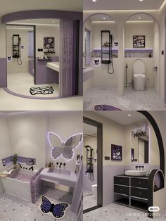 the bathroom is all white and has purple accents on the walls, along with a butterfly shaped mirror