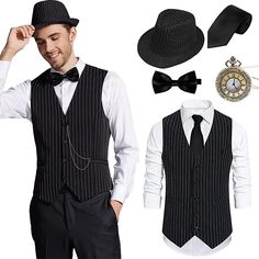 a man wearing a hat, vest and tie next to other men's accessories