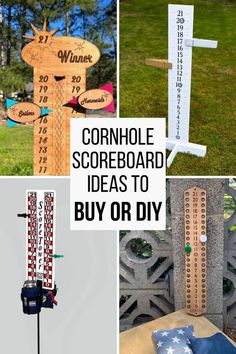 several different pictures with the words cornhole scoreboard ideas to buy or diy