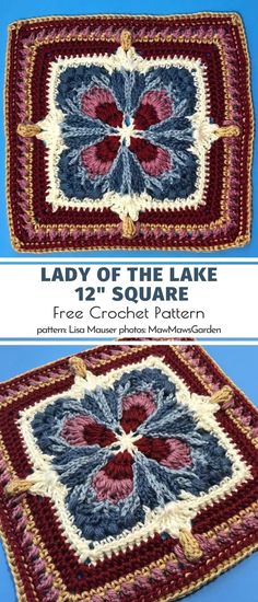 two square crocheted rugs with the words lady of the lake on them