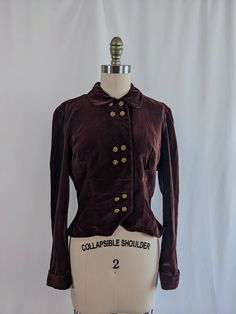 "This simply stunning vintage 1980's brown double breasted velvet riding blazer jacket is in fantastic condition. There are very few signs of wear or tear, and no holes or stains. The cuffs are rather tight, so please keep that in mind. Measurements: Bust: 36\" Waist: 29\" Shoulder to hem: 17\" Sleeve length: 23\" Cuff: 11\"" Vintage Brown Blazer With Buttons, Vintage Double-breasted Blazer, Wear Or Tear, Womens Blazers, Beautiful Skirts, Short Jacket, Fitted Hats, Blazer Suit, Double Breasted