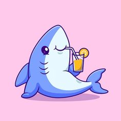 a cartoon shark with a drink in it's mouth