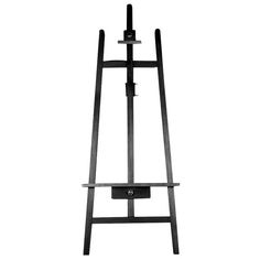 a black easel with an iron frame and metal stand on the bottom, against a white background