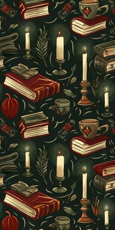 an image of books and candles on a black background