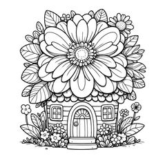 a black and white drawing of a house with flowers on the roof, surrounded by foliage