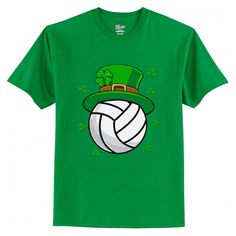 a green t - shirt with an image of a volleyball ball wearing a lepreite hat