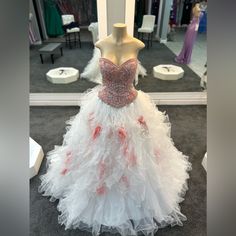 This Is An Elegant Ballgown, With Delicate Embroidery And Bead Work, Featuring A Lace Up Back, Corset And Removable Bottom To Show Off A Fitted Skirt With Lace Underneath. Sleeveless White Bodice For Prom, White Evening Dress With Sweetheart Neckline For Prom, White Evening Dress With Sweetheart Neckline, White Sweetheart Neckline Evening Dress For Prom, White Embellished Dress For Quinceanera, Fitted White Quinceanera Dress For Prom, White Rhinestone Evening Dress For Wedding, White Organza Evening Dress For Prom, White Fitted Quinceanera Party Dress