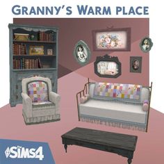 an image of a living room with furniture and bookshelf in the background that says granny's warm place