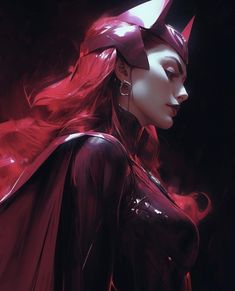 a woman dressed in black and red with horns on her head is staring into the distance