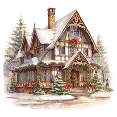 a watercolor painting of a house with christmas decorations