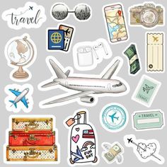 an assortment of travel stickers on a gray background with airplane, luggage and other items