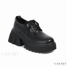 Lasaky - Academy Elevator Shoes with Thick Platform Sole, Round Toe, and Lace-Up Design Black Chunky Platform Lace-up Shoes, Black Lace-up Shoes With Platform And Pointed Toe, Black Lace-up Platform Shoes With Round Toe, Black Lace-up Shoes With Chunky Platform And Round Toe, Pointed Toe Heels With Lug Sole, Black High Heel Platform Lace-up Shoes, Synthetic Heels With Lug Sole And Round Toe, Synthetic Round Toe Heels With Lug Sole, Black Lace-up Shoes With Reinforced Heel And Round Toe