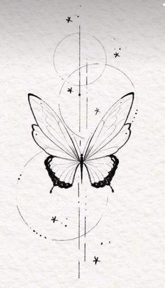 a black and white drawing of a butterfly with stars on it's back side