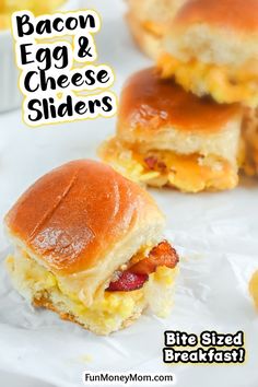 bacon egg and cheese sliders on a white plate with text overlay that reads, bacon egg and cheese sliders