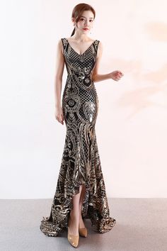 Modern Sleeveless V-Neck Mermaid Sequins Evening Dress Long YE0068 Gold-S Evening Cocktail Dress, Evening Dress Long, Mermaid Sequin, Sequin Evening Dresses, Cocktail Evening Dresses, Evening Cocktail, Crop Top Blouse, Black Cocktail Dress, Cutout Dress