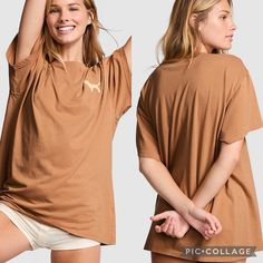 Victoria’s Secret Pink Campus Cotton Tee Brown Oversized Short Sleeve Tops, Casual Brown Tops For Loungewear, Pink Campus, Orange Tees, Sequin Shirt, Yellow Shirts, Pink Tie Dye, Scoop Neck Tee, Pink Tee