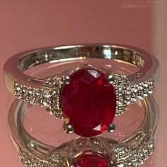 Genuine Niassa Ruby And White Zircon* Ring. Set In Platinum Over .925 Sterling Silver. Tgw 3.00 Carats. Size 8. Comes New In Box For Safekeeping And Gift Giving. Nwt *Zircon Is A Natural Gemstone Mined From The Earth And Not To Be Confused With The Man-Made “Cz” Or Cubic Zirconia Silver Oval Ruby Ring With Vvs Clarity, Oval Ruby Ring In Sterling Silver With Vvs Clarity, Silver Rings With Lab-created Ruby, Silver Diamond Ring With Lab-created Ruby In Oval Shape, Silver Diamond Ring With Oval Lab-created Ruby, Hallmarked White Gold Ruby Ring, Silver Ruby Ring With Lab-created Ruby, Silver Oval Diamond Ring With Lab-created Ruby, Classic Red Ruby Ring With Vs Clarity