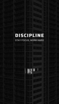 a black and white photo with the words discipline written on it in front of a dark background