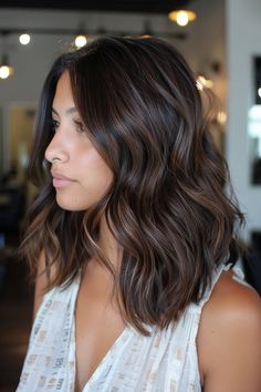 Elegant Hairstyles Brunette, Cool Tone Lowlights Dark Brown, Dark Hair For Brown Eyes, Fall Bayalage Brunette Dark, Brunette Hair Color Fall 2024, Brunette Balayage Hair Chocolate Brown, Balyage On Dark Brown Hair, Chocolate Brown With Lowlights, Dark Hair Lowlights Brunettes