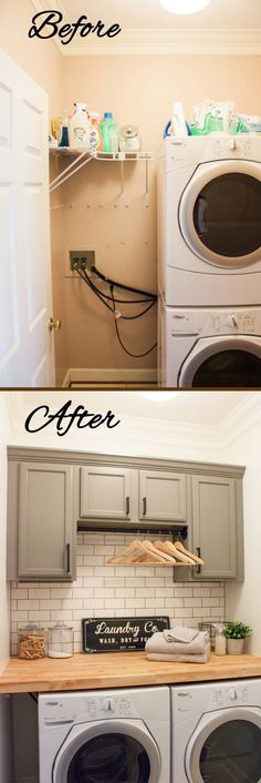 before and after pictures of a small laundry room with washer and dryer in it